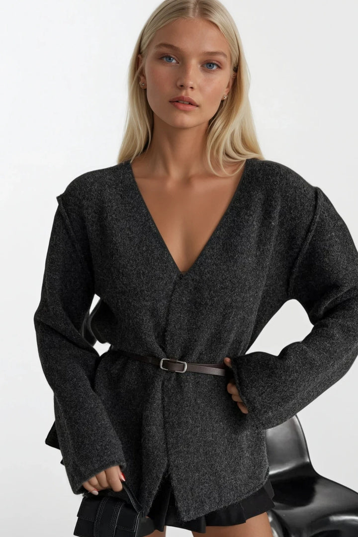 Kemer Detay Kruvaze Yaka Antrasit Triko Hırka