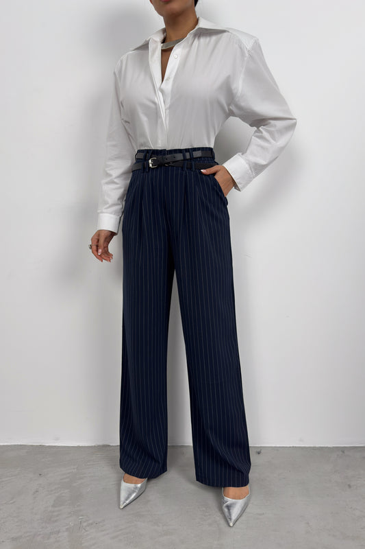 Belt Detail Navy Blue Casual Trousers 