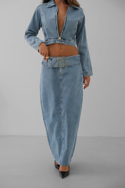 Belt Detail Maxi Light Blue Denim Skirt 