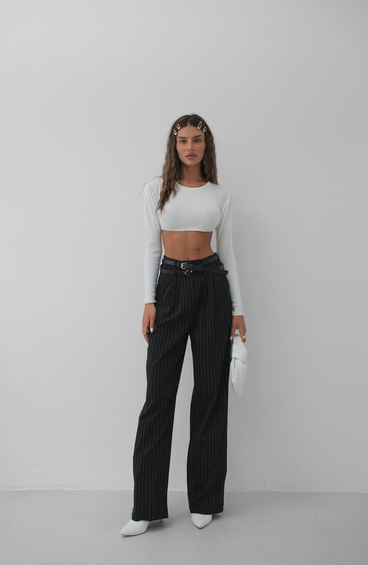 Belt Detail Black Casual Trousers 