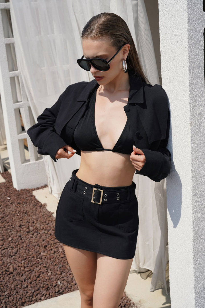 Belt Detail Black Mini Skirt 