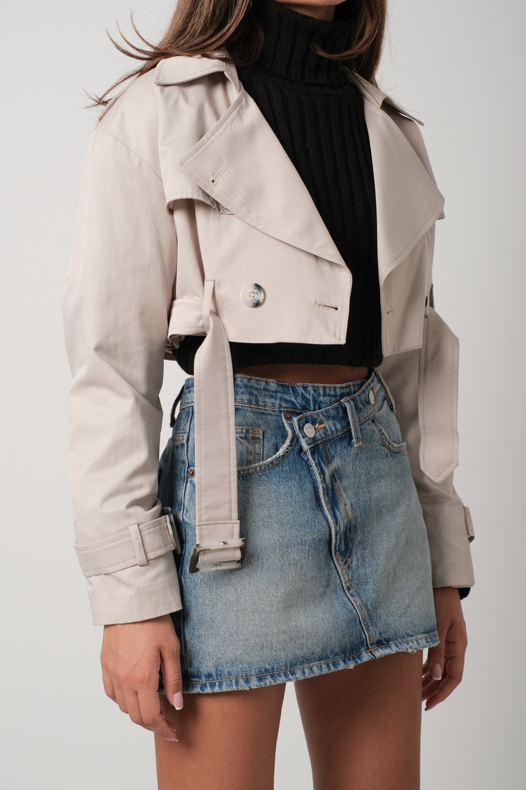 Belt Detail Stone Crop Trench Coat 
