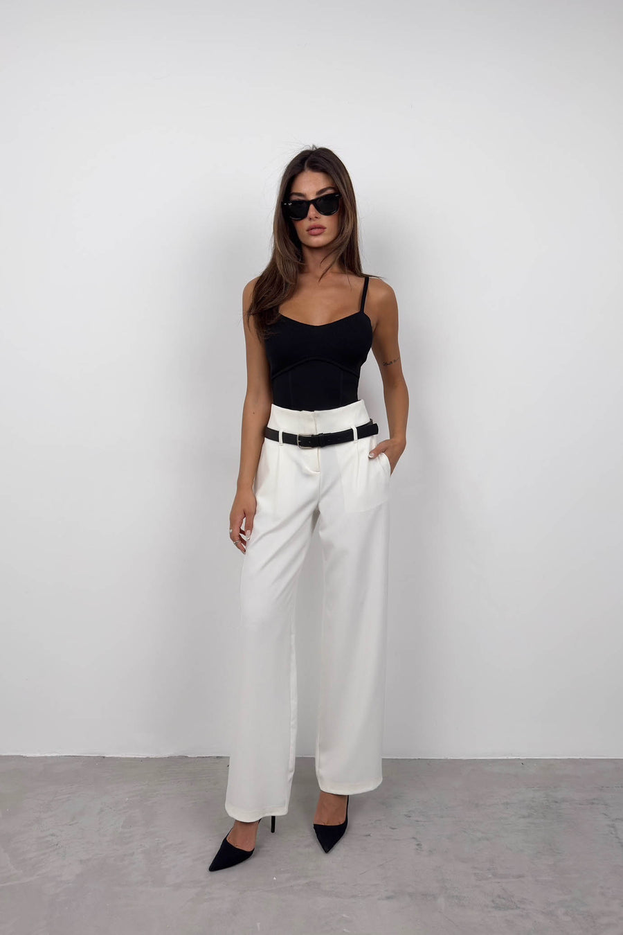 Belt Detail White High Waist Trousers 