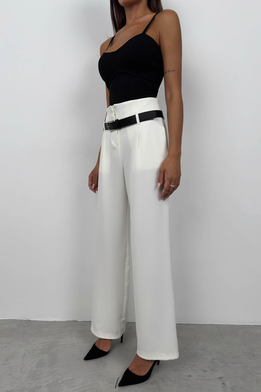 Belt Detail White High Waist Trousers 