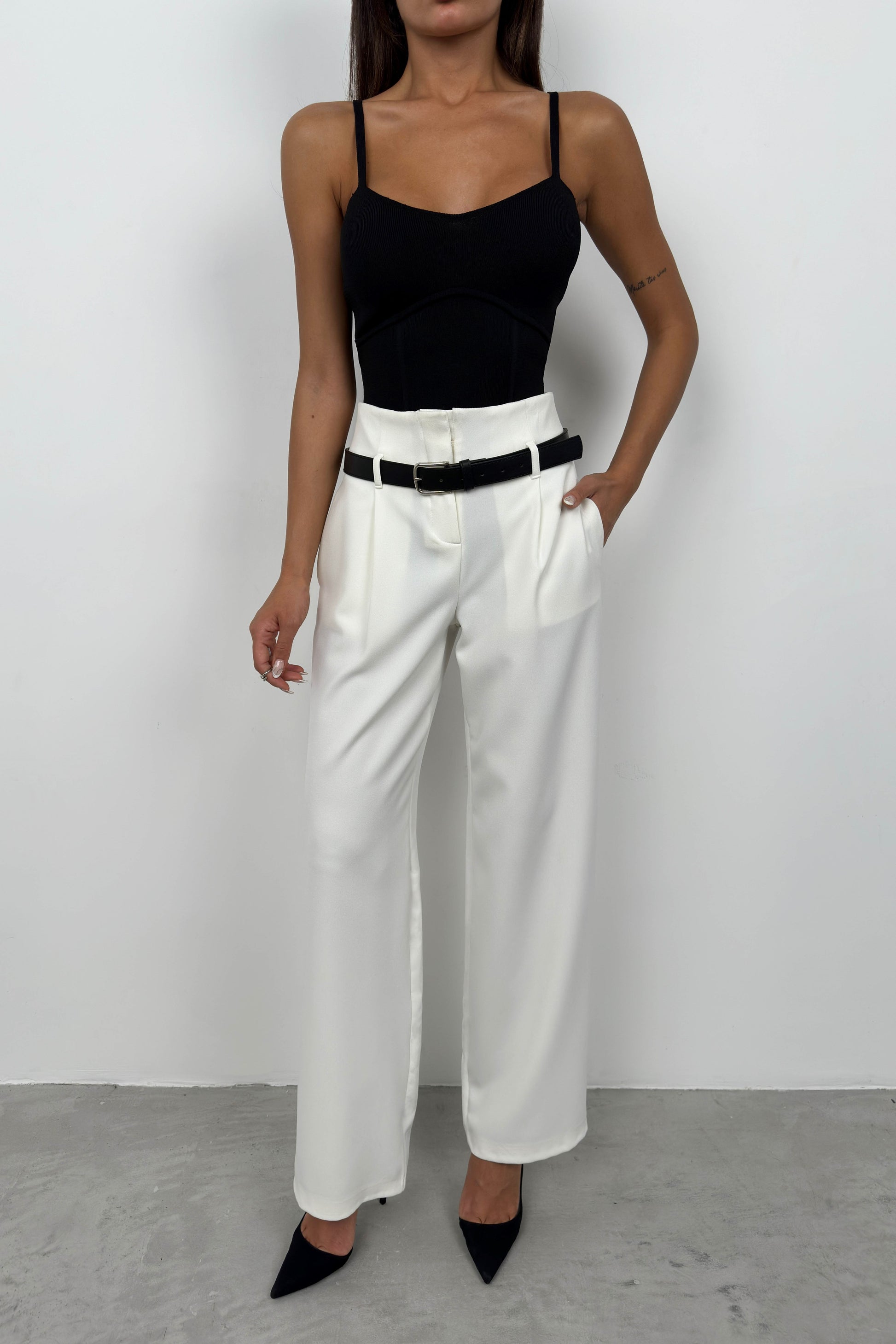 Belt Detail White High Waist Trousers 