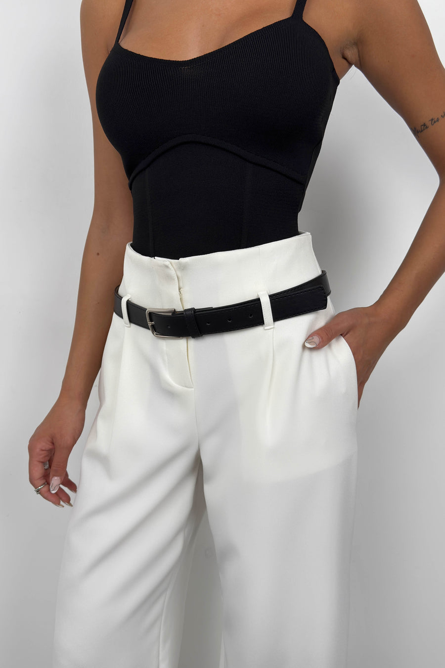 Belt Detail White High Waist Trousers 