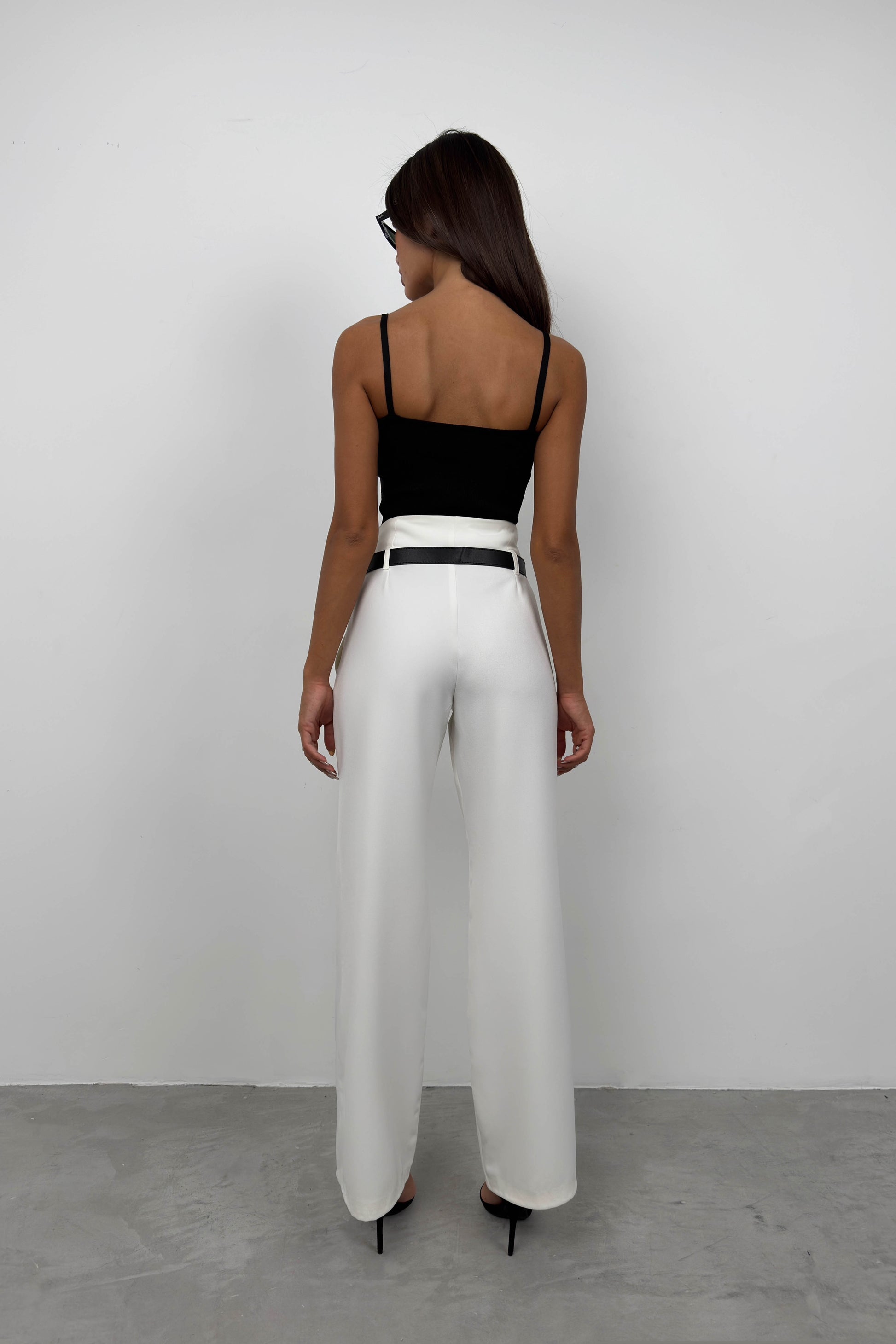 Belt Detail White High Waist Trousers 