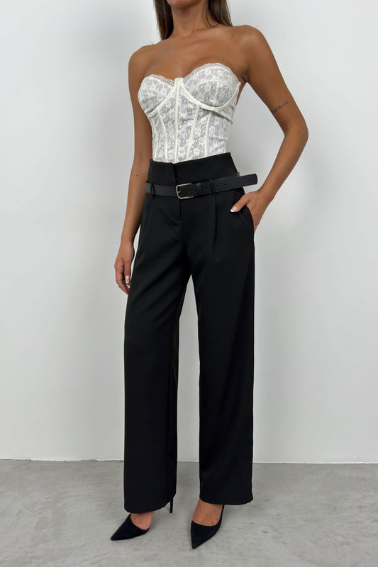 Belt Detail Black High Waist Trousers 