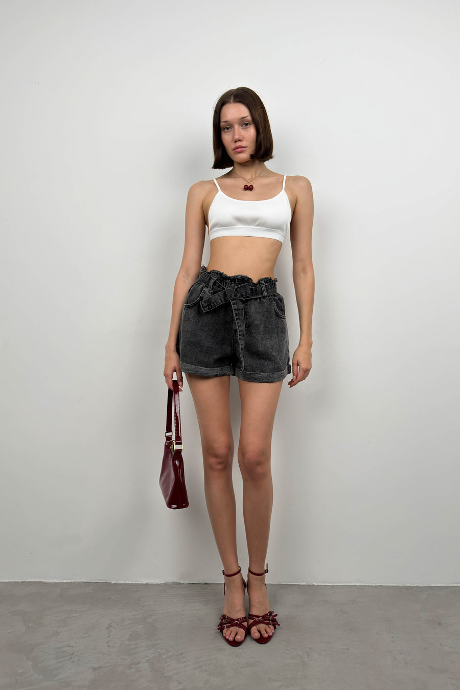 Belted Waist Drawstring Gray Denim Shorts 