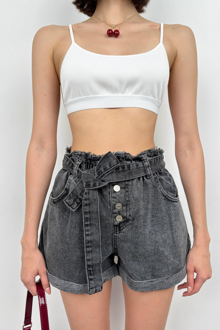 Belted Waist Drawstring Gray Denim Shorts 