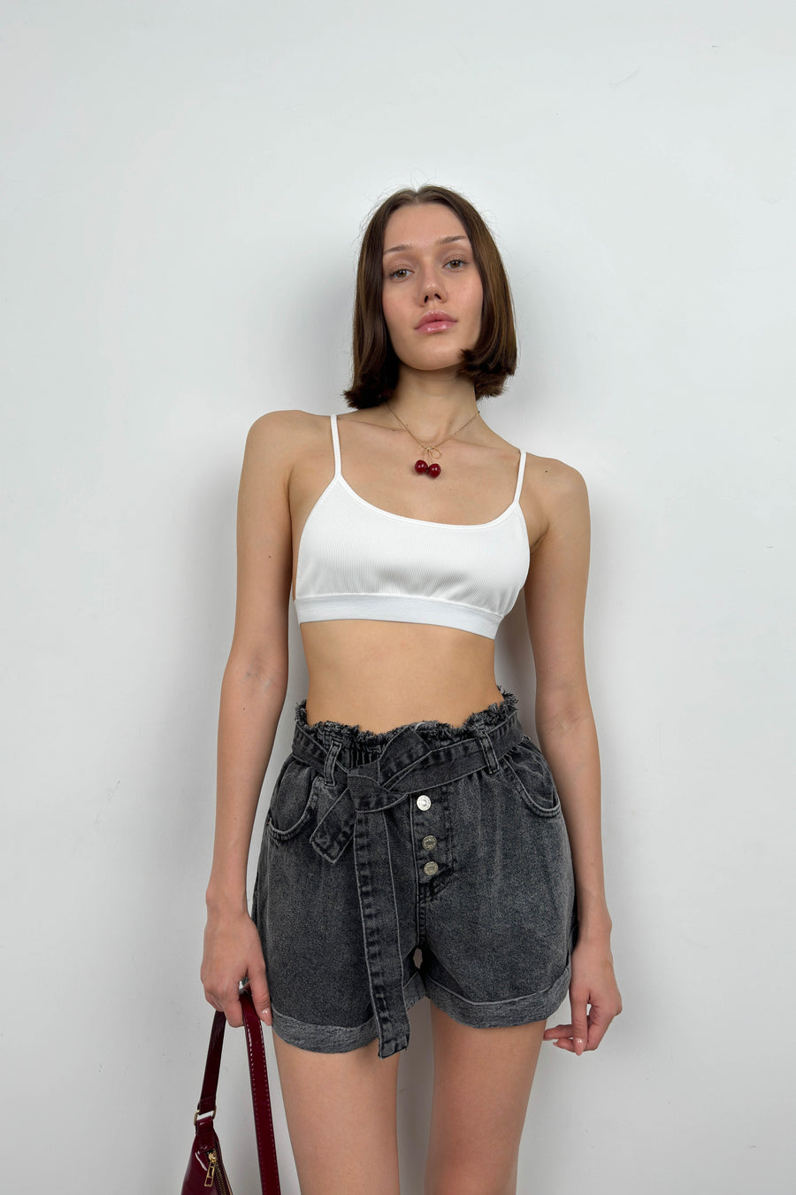 Belted Waist Drawstring Gray Denim Shorts 