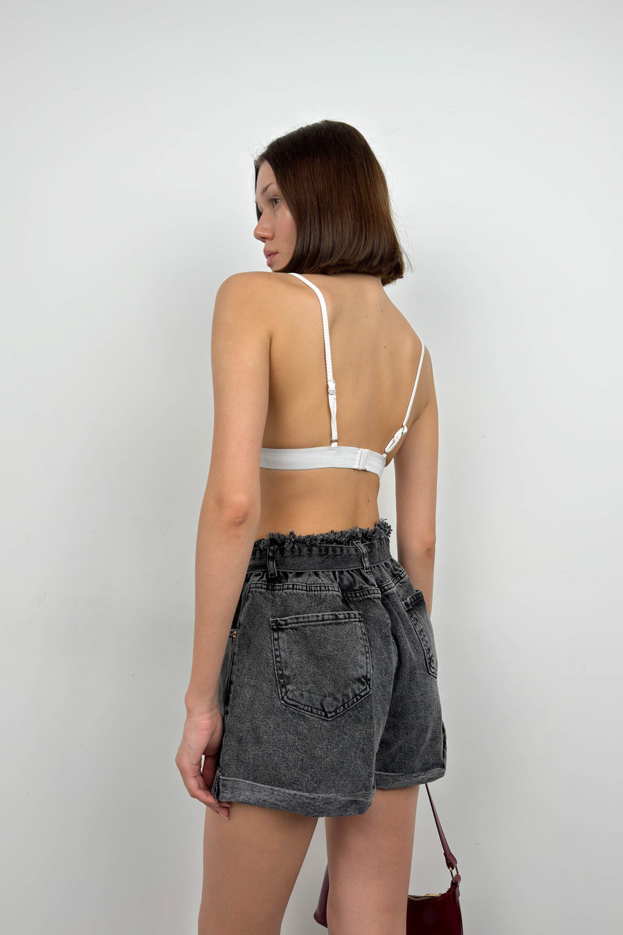 Belted Waist Drawstring Gray Denim Shorts 