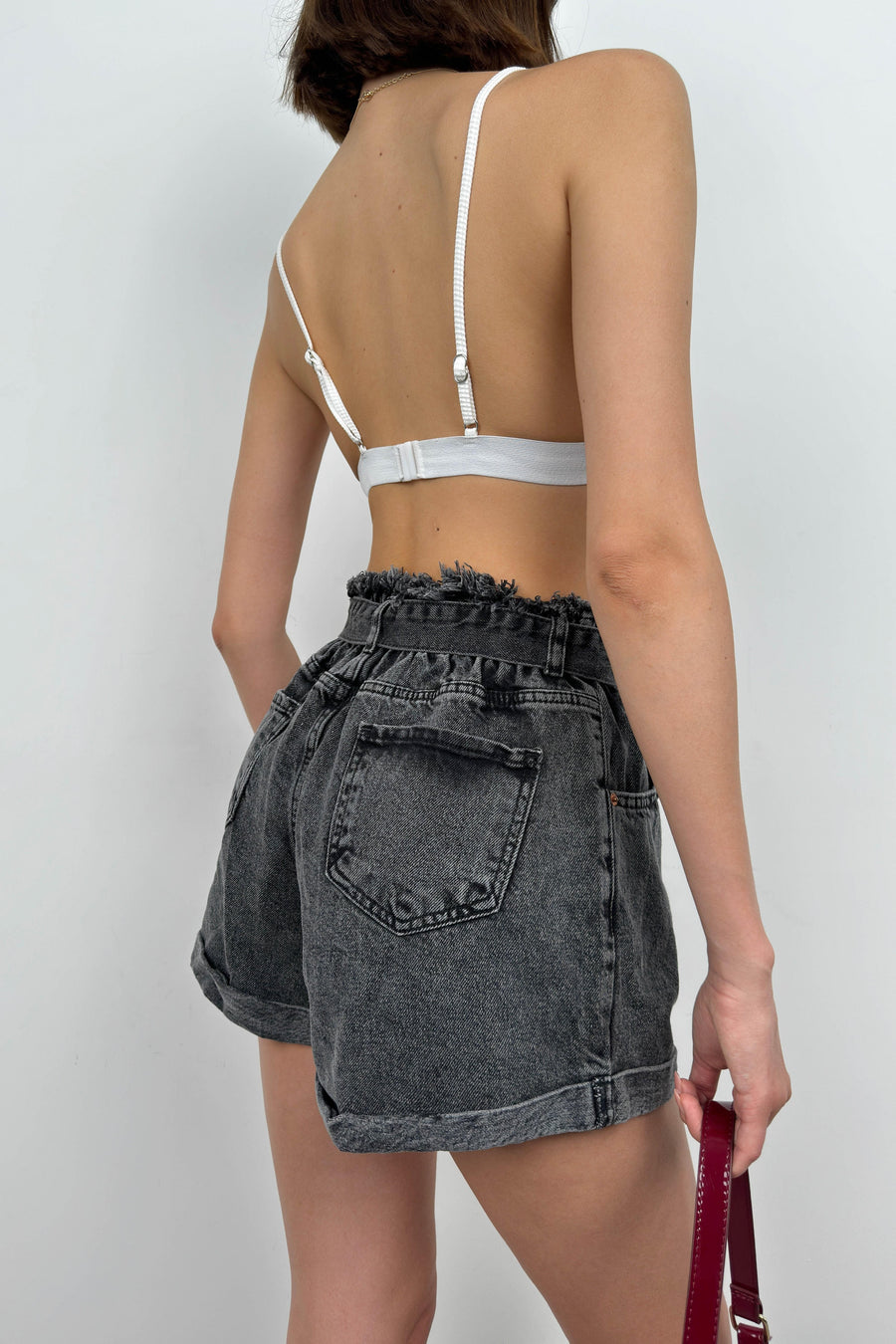 Belted Waist Drawstring Gray Denim Shorts 