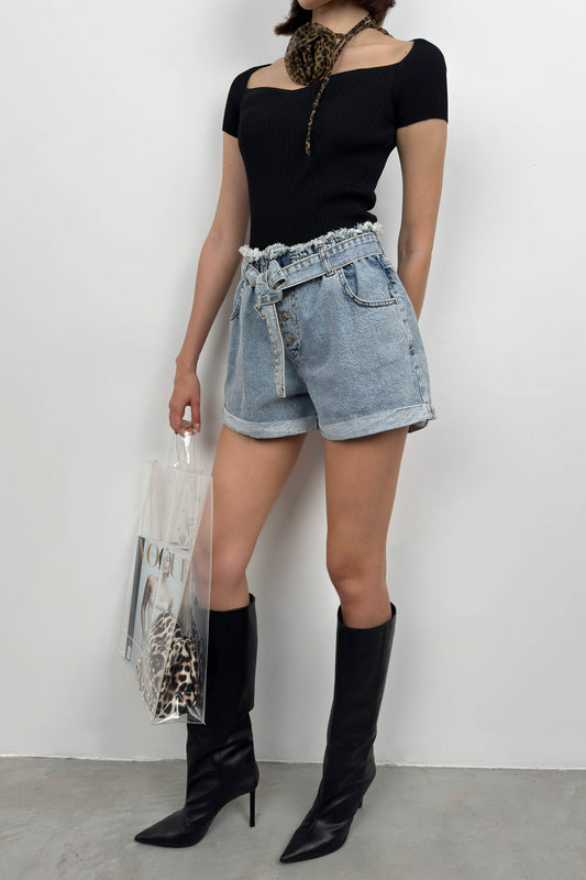 Belted Waist Drawstring Light Blue Denim Shorts 