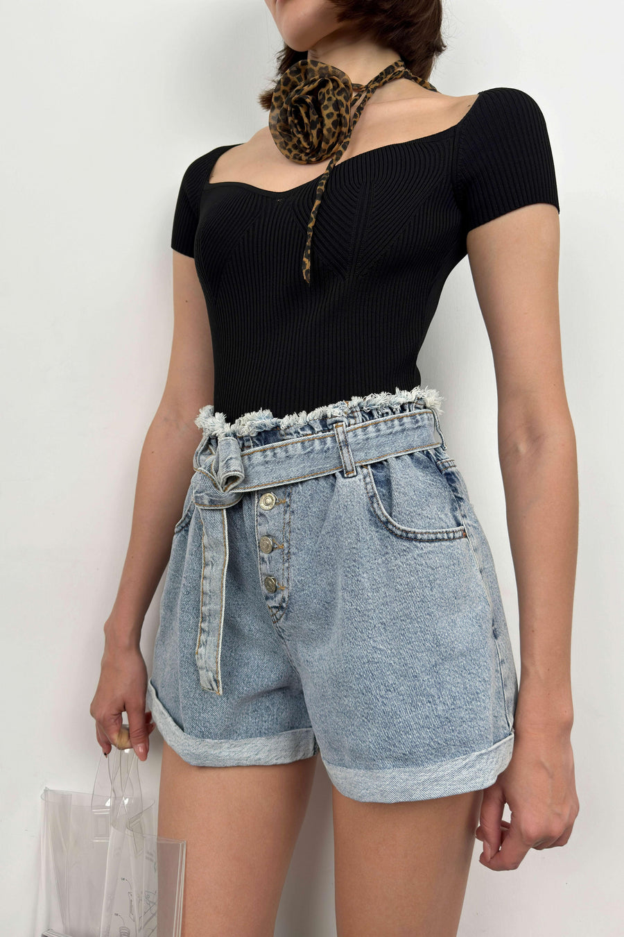 Belted Waist Drawstring Light Blue Denim Shorts 