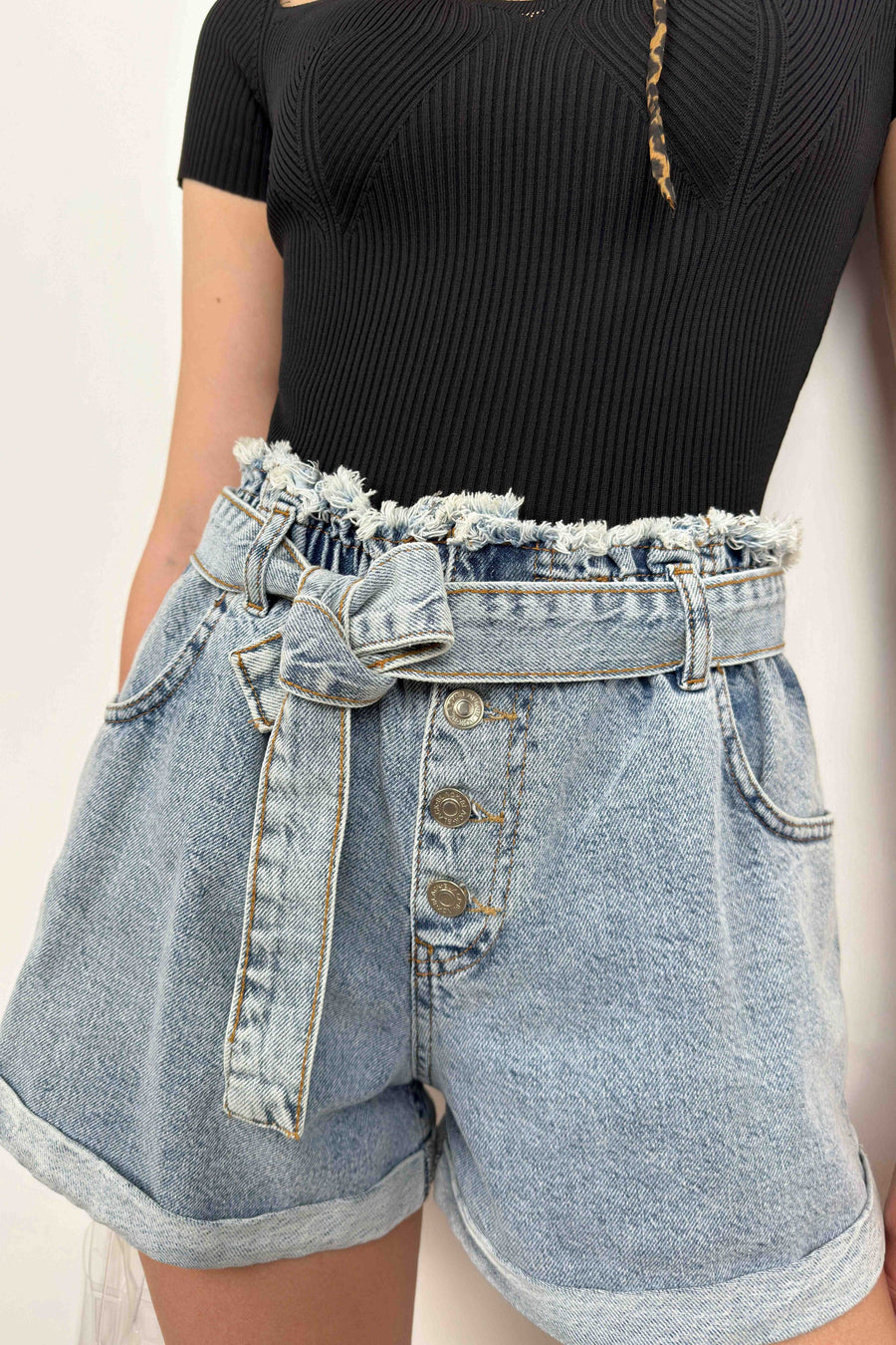 Belted Waist Drawstring Light Blue Denim Shorts 