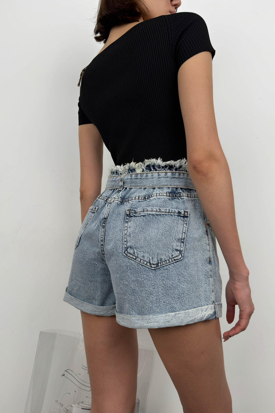 Belted Waist Drawstring Light Blue Denim Shorts 