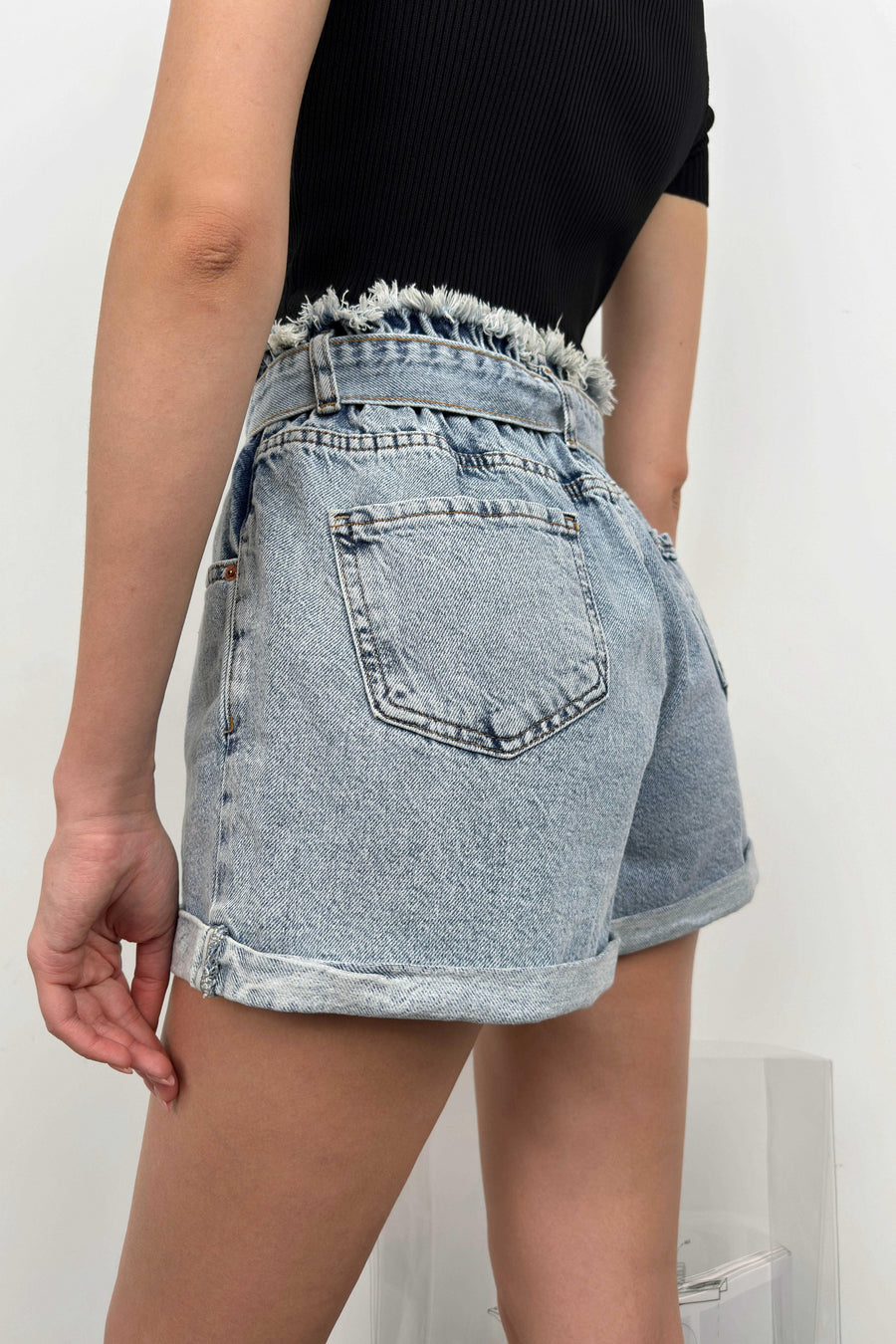 Belted Waist Drawstring Light Blue Denim Shorts 