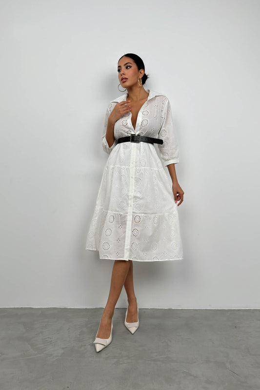 Belted Embroidered White Shirt Dress 