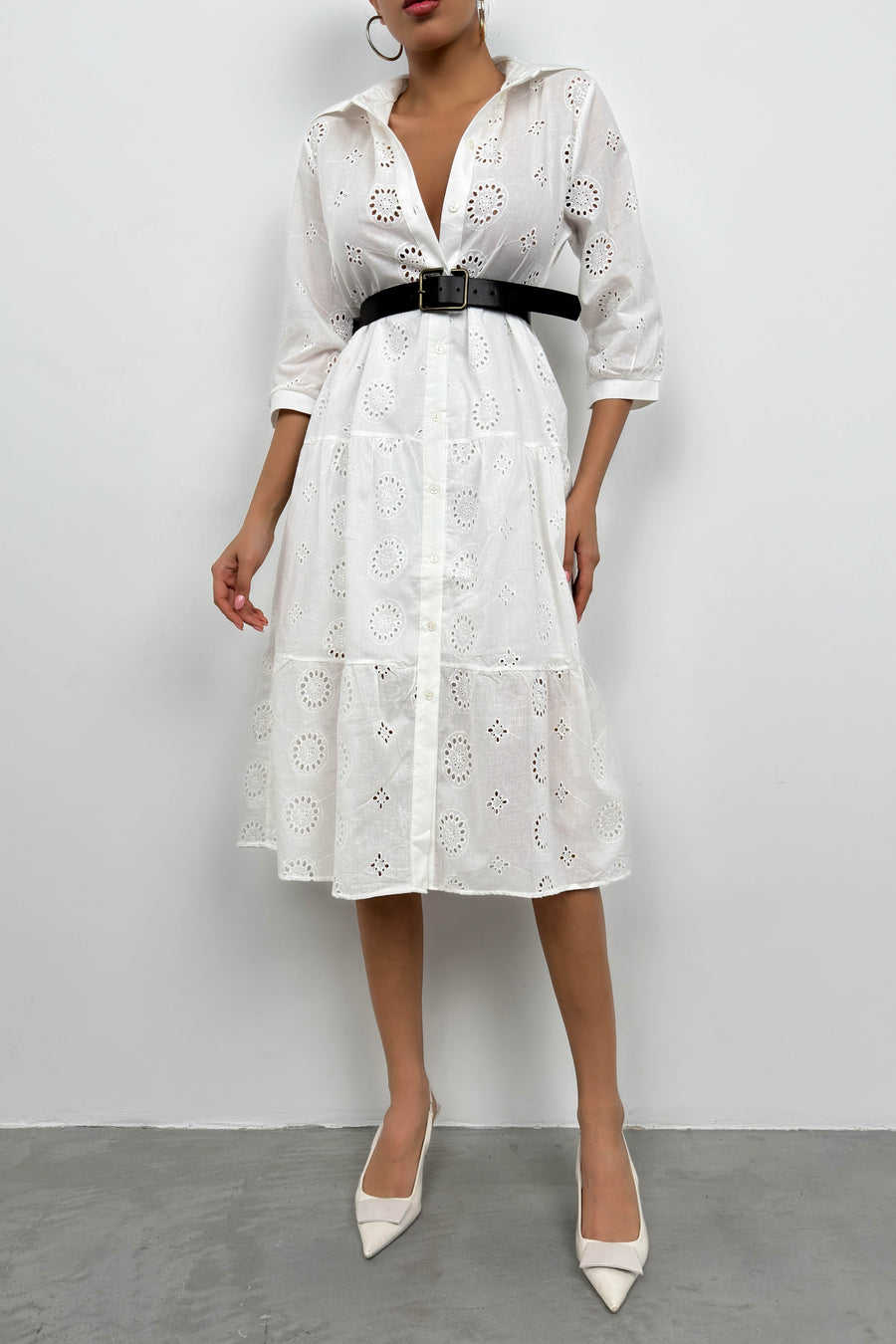 Belted Embroidered White Shirt Dress 