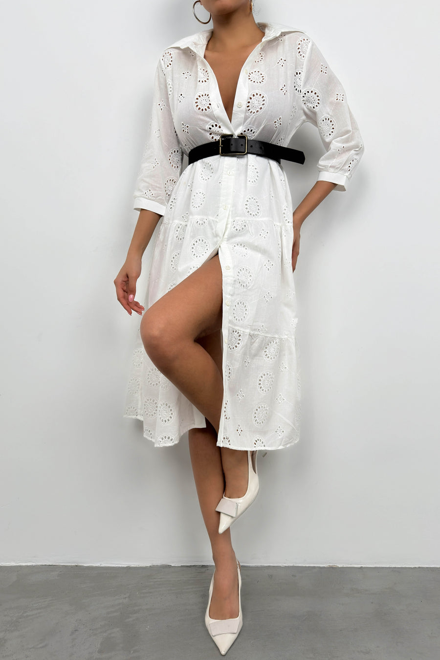 Belted Embroidered White Shirt Dress 