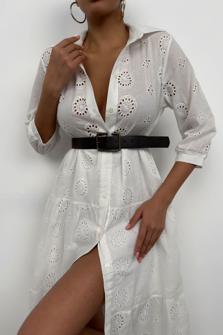 Belted Embroidered White Shirt Dress 