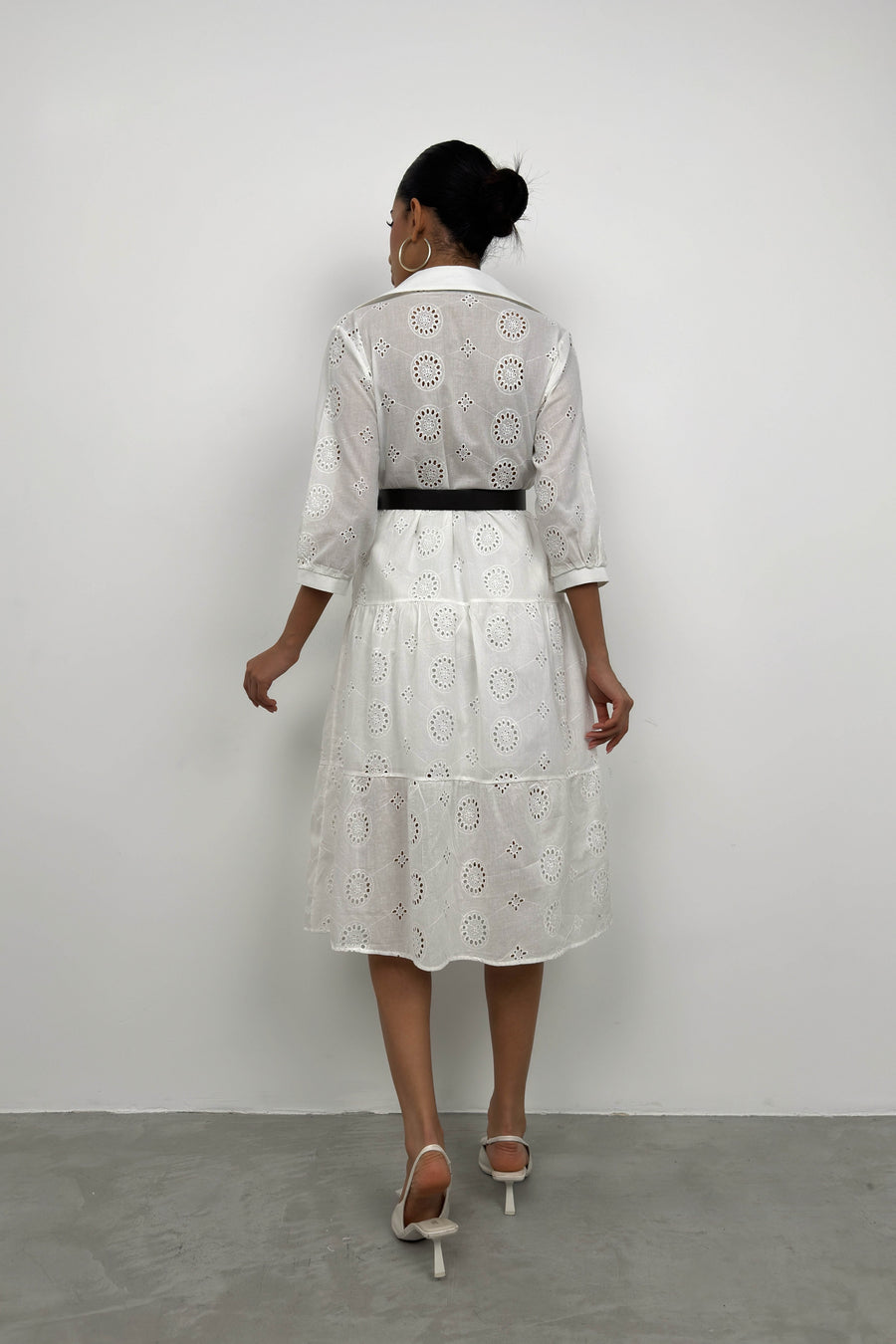 Belted Embroidered White Shirt Dress 