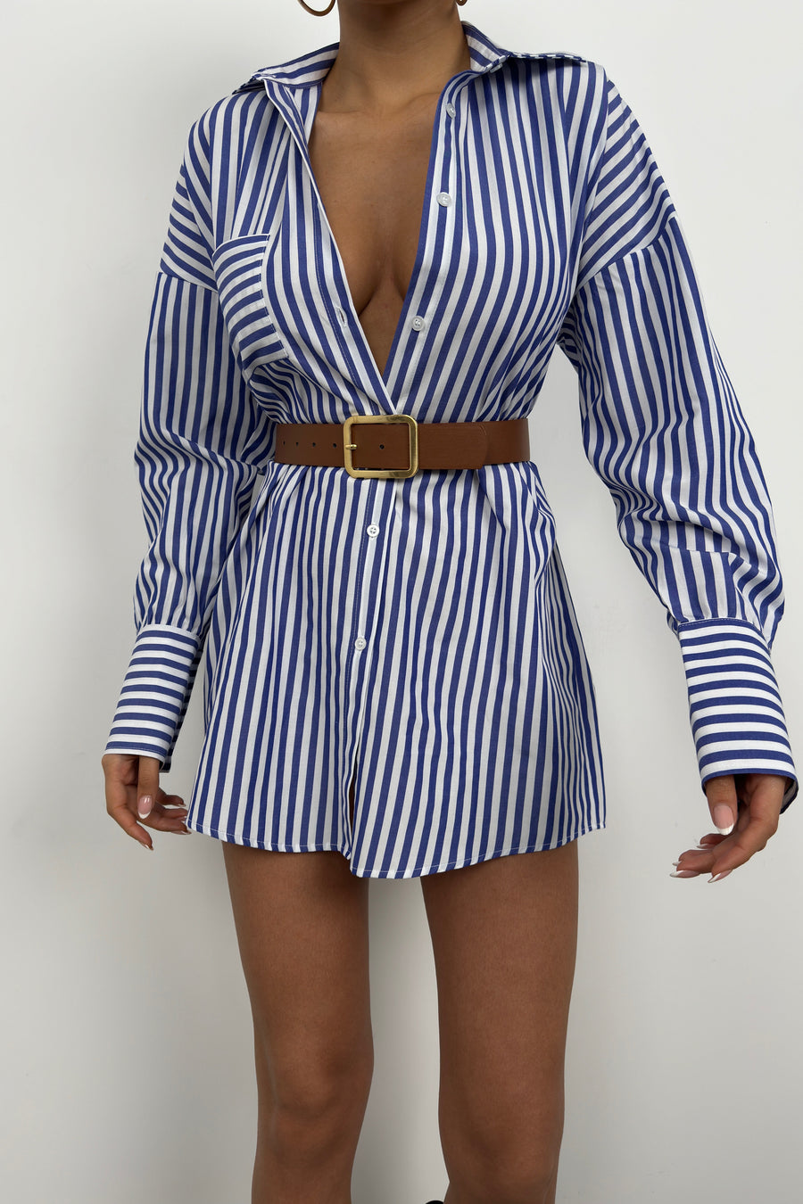 Belted Striped Blue and White Shirt Dress 