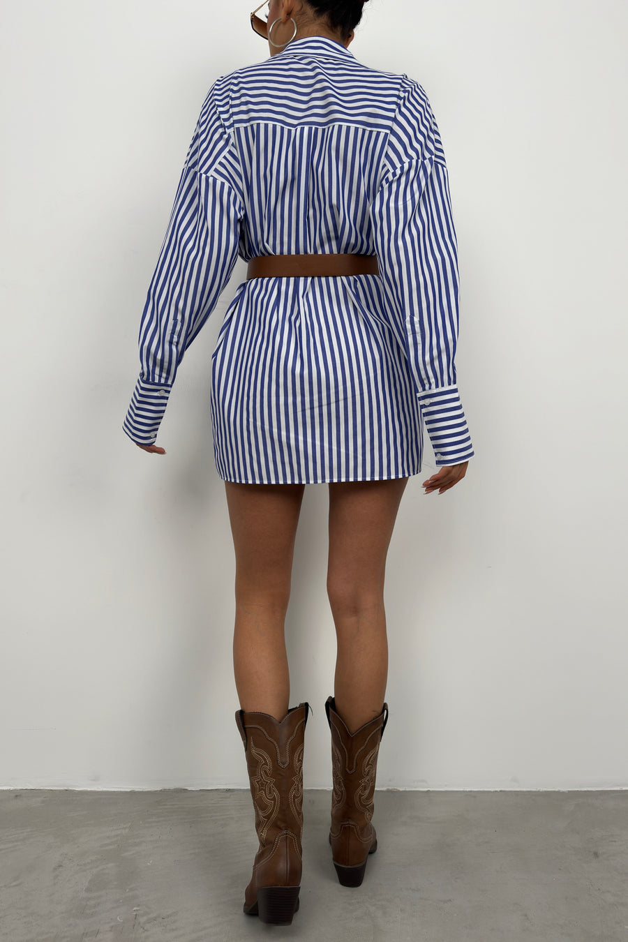 Belted Striped Blue and White Shirt Dress 