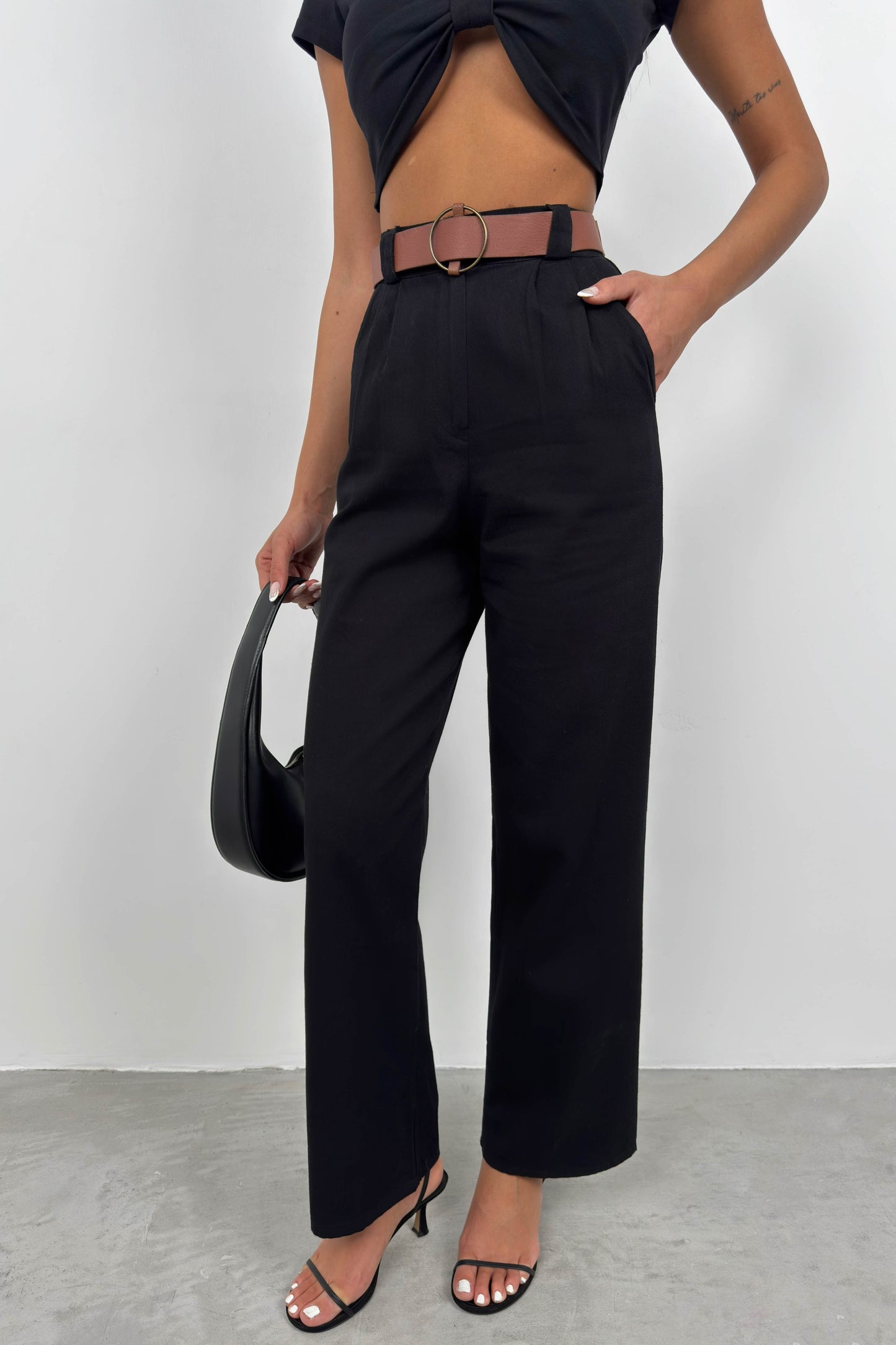 Belted Black Palazzo Trousers 