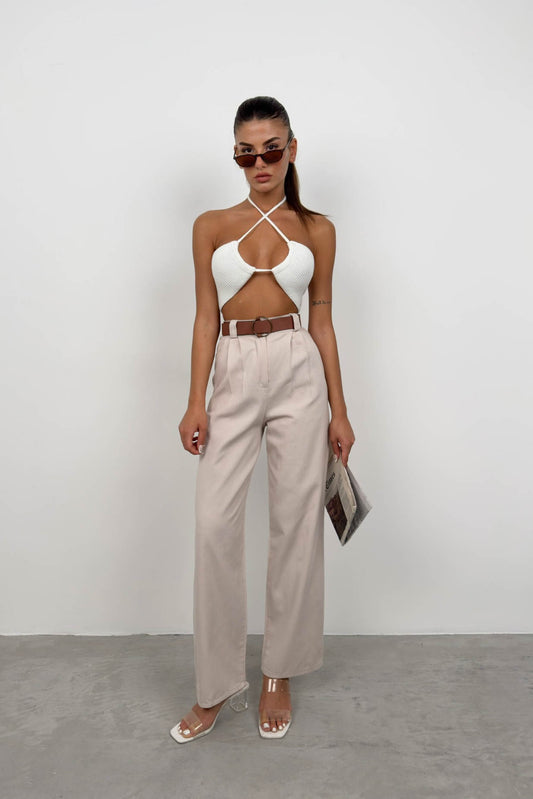 Belted Stone Palazzo Trousers 