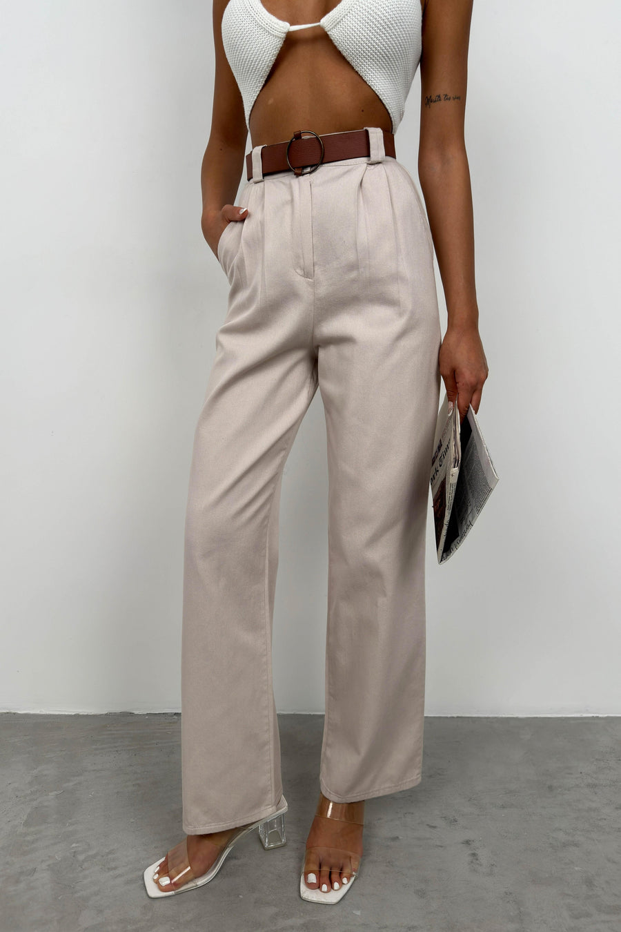 Belted Stone Palazzo Trousers 