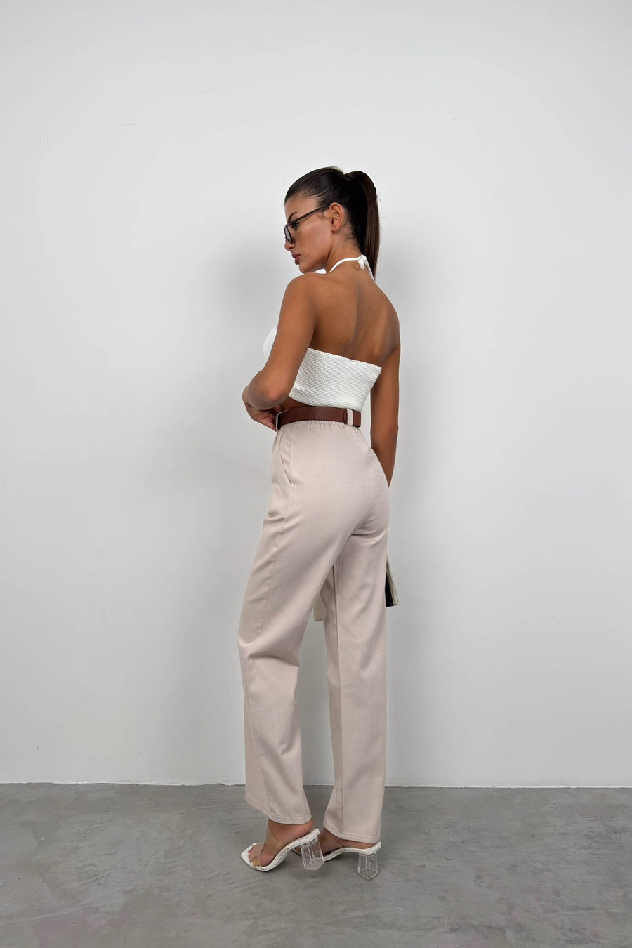 Belted Stone Palazzo Trousers 