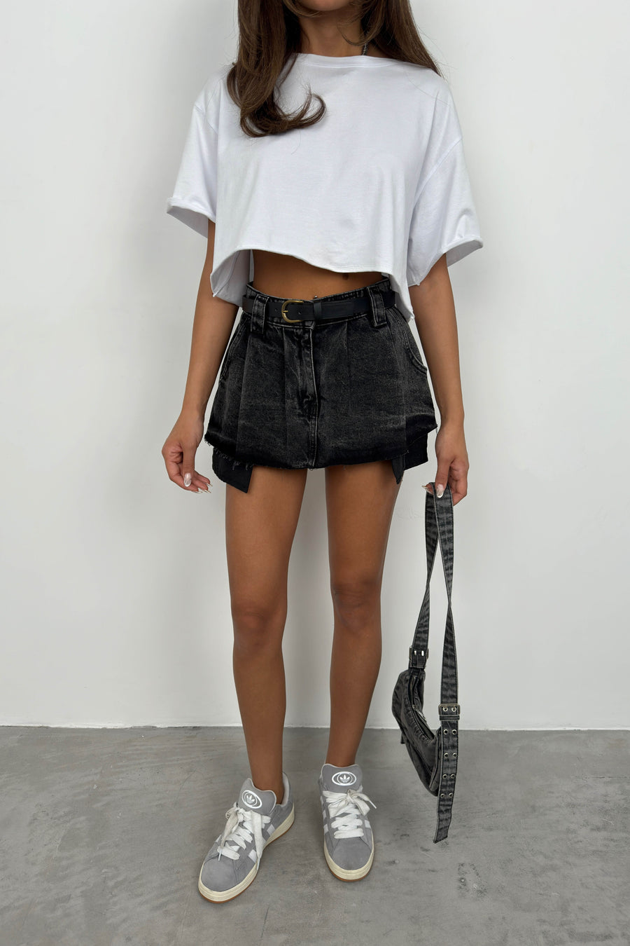 Belted Pleated Gray Mini Denim Skirt 