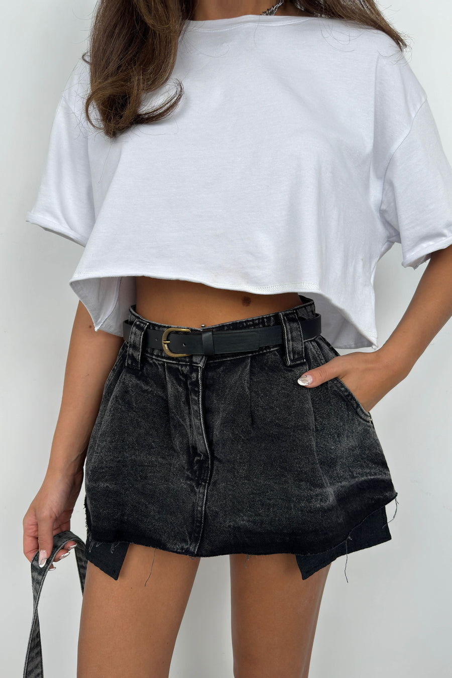 Belted Pleated Gray Mini Denim Skirt 