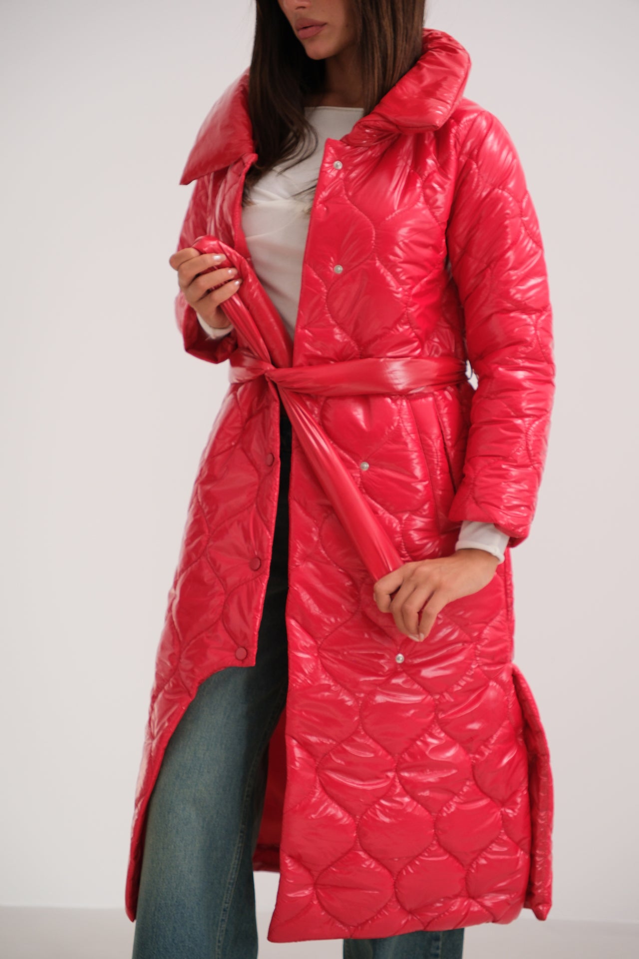 Belted Patent Leather Puffer Red Maxi Coat