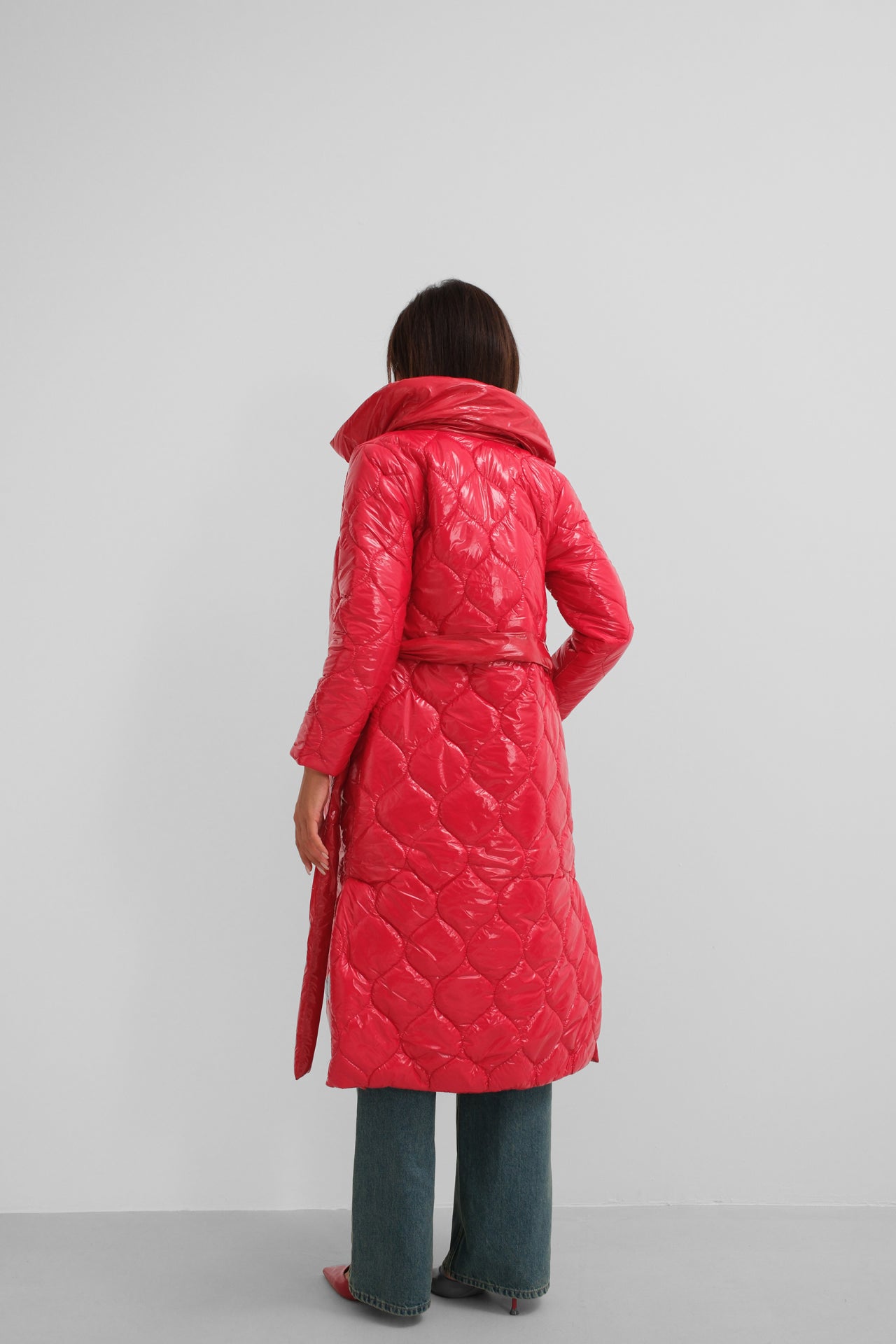 Belted Patent Leather Puffer Red Maxi Coat