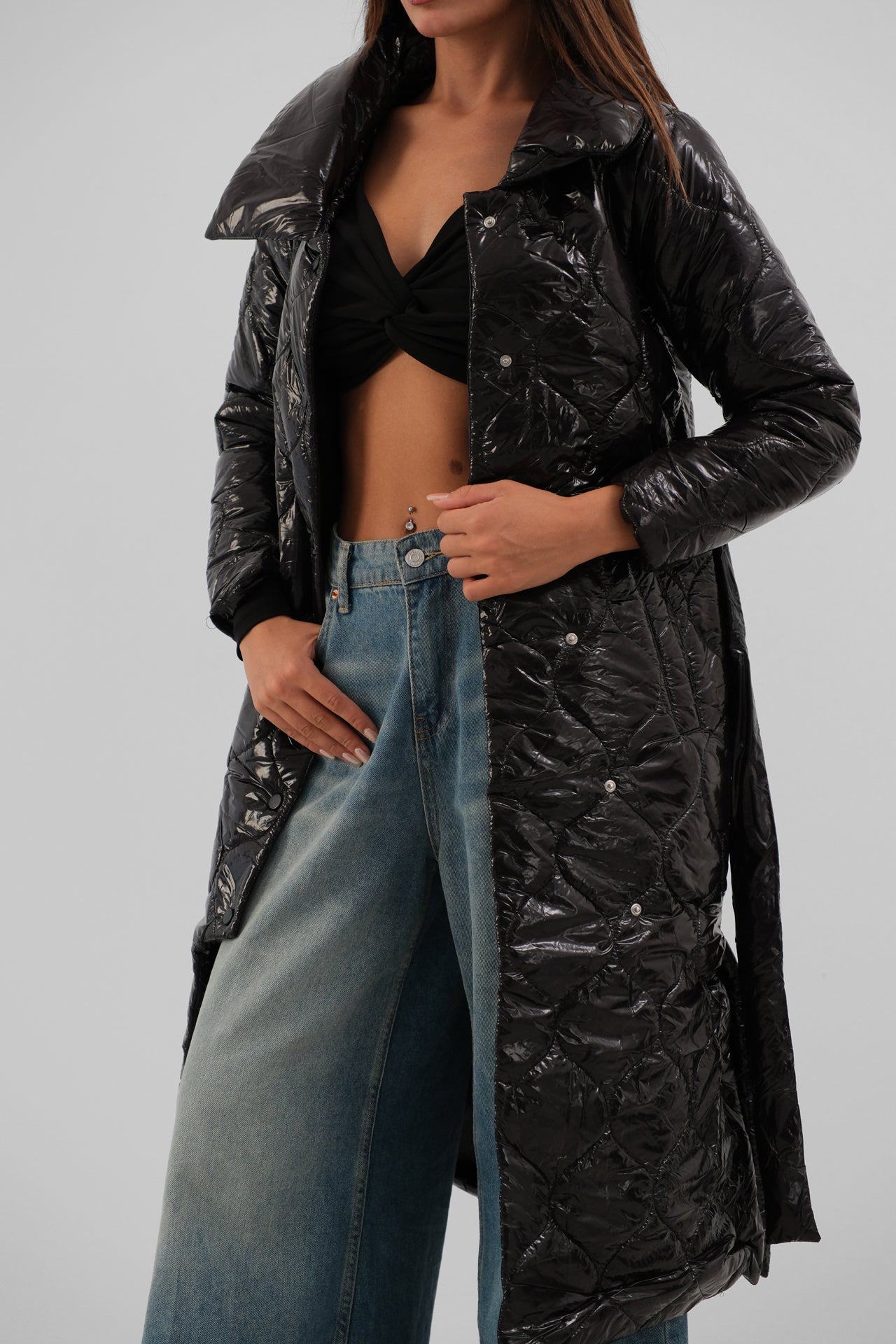 Belted Patent Leather Black Puffer Maxi Coat