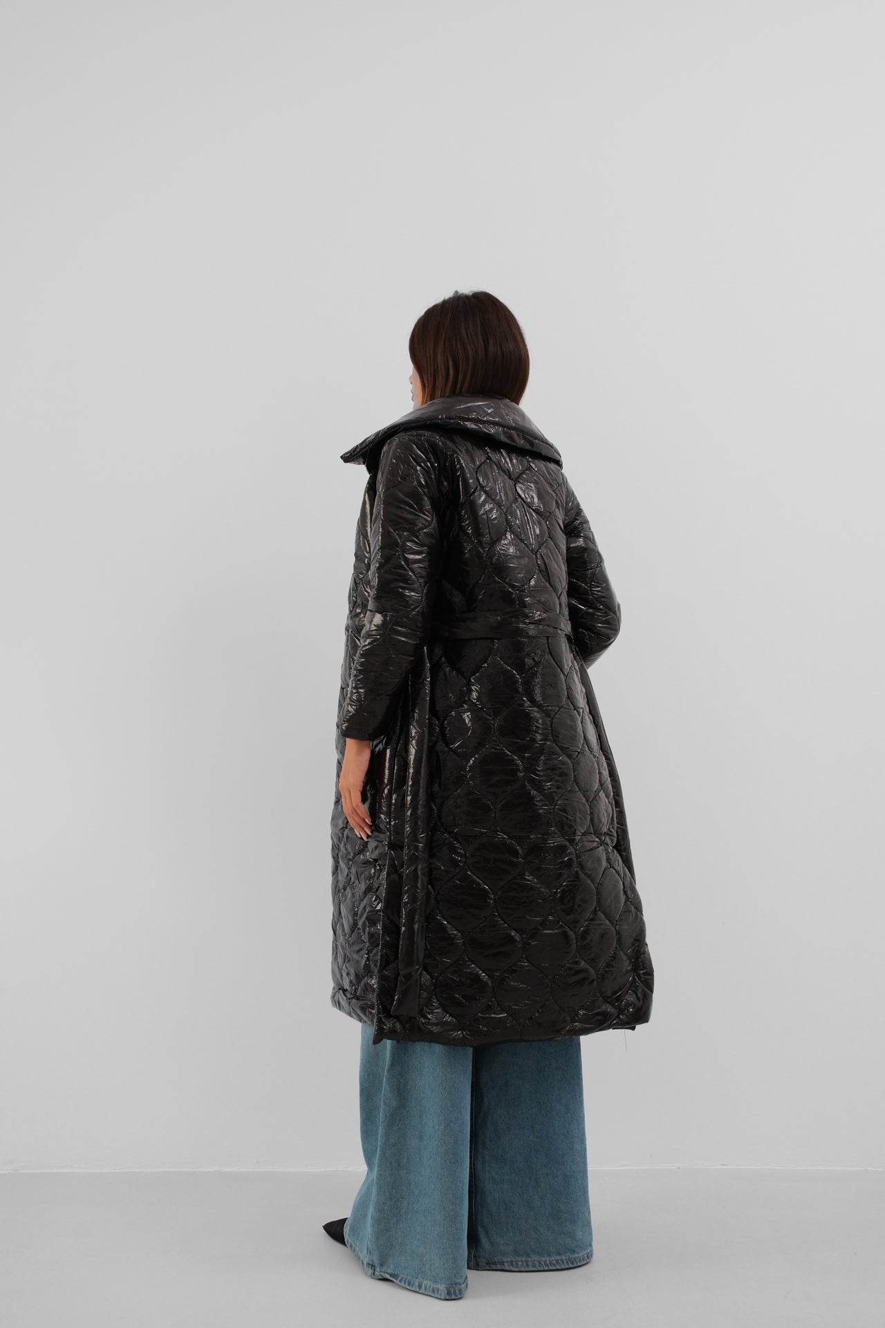 Belted Patent Leather Black Puffer Maxi Coat