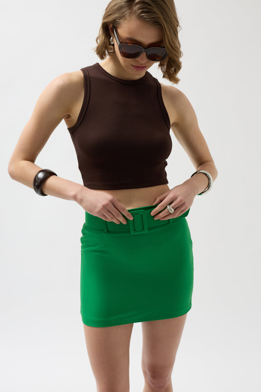 Belted Green Mini Skirt 