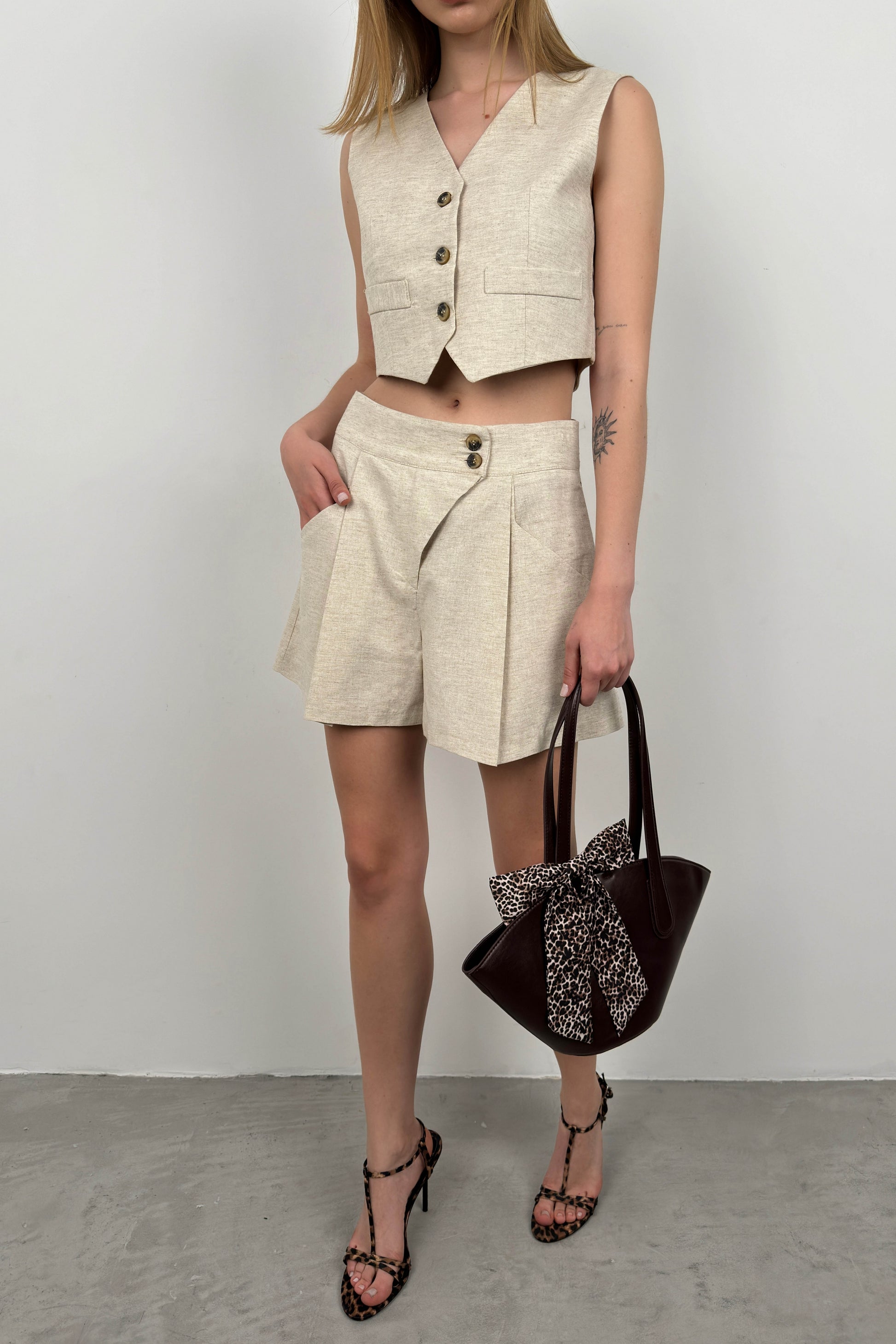 Linen Vest Beige Shorts Set 