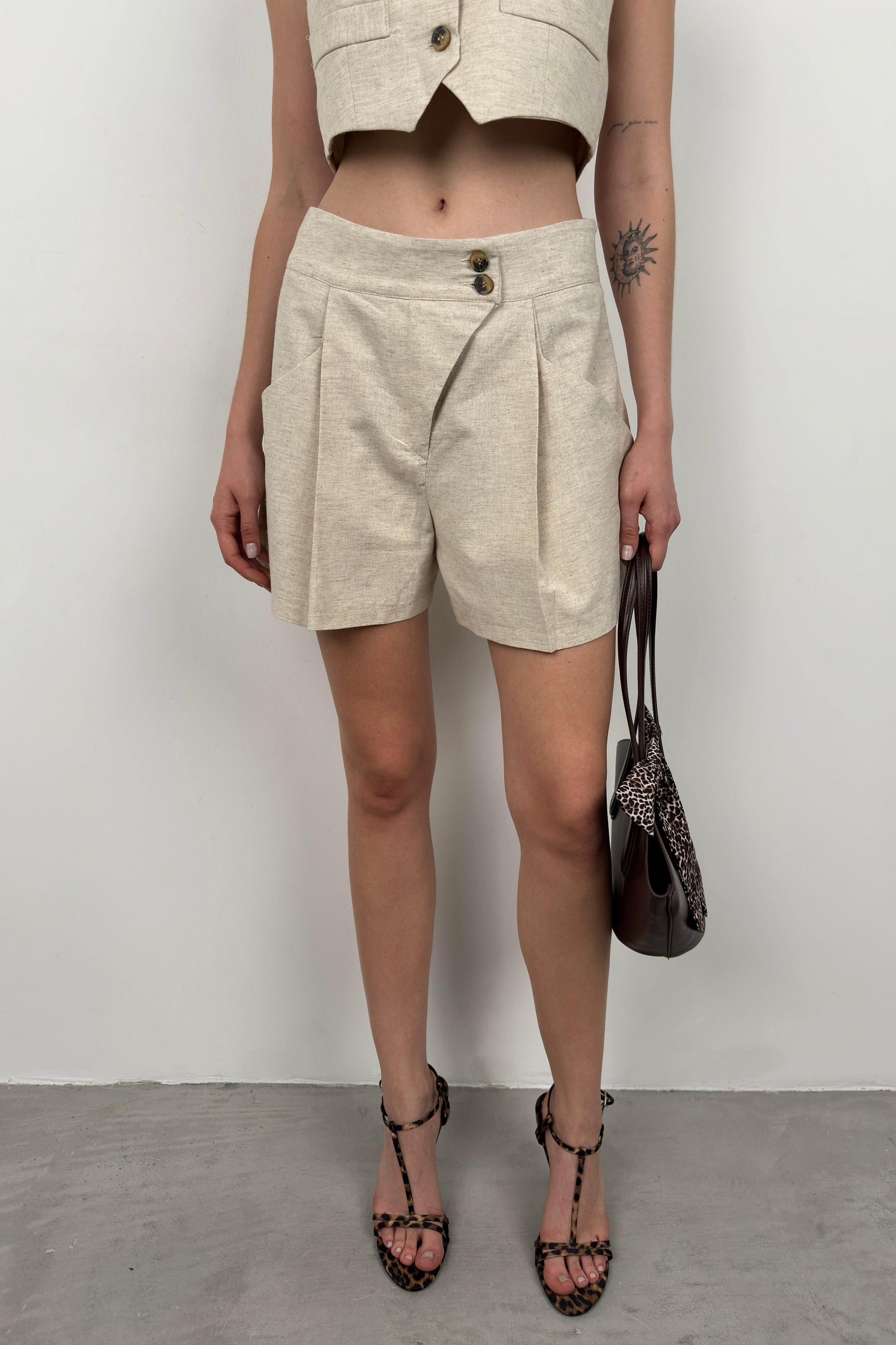 Linen Vest Beige Shorts Set 