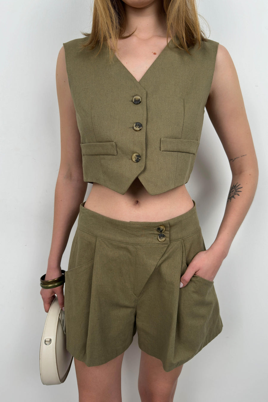 Linen Vest Khaki Shorts Set 