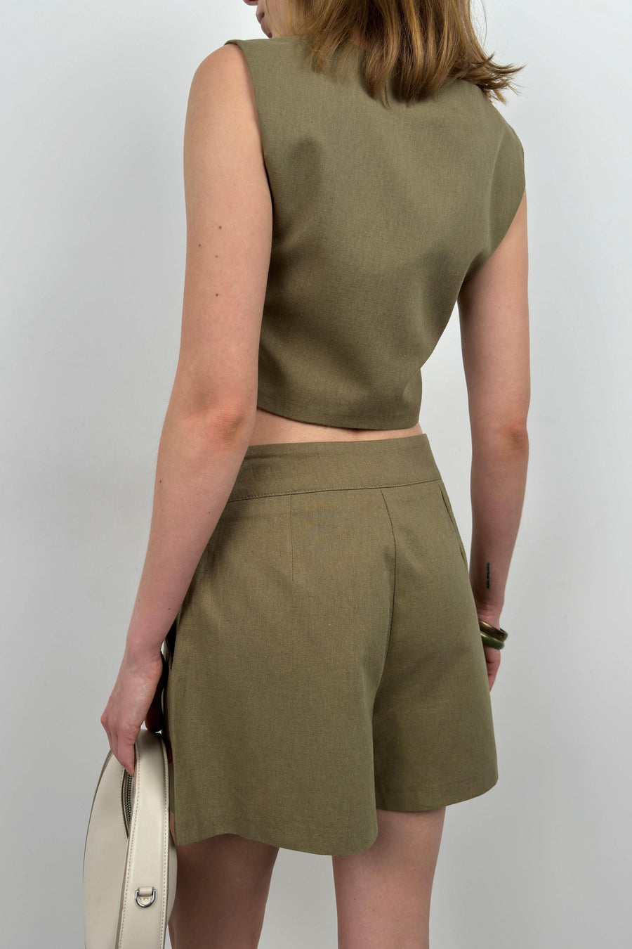 Linen Vest Khaki Shorts Set 