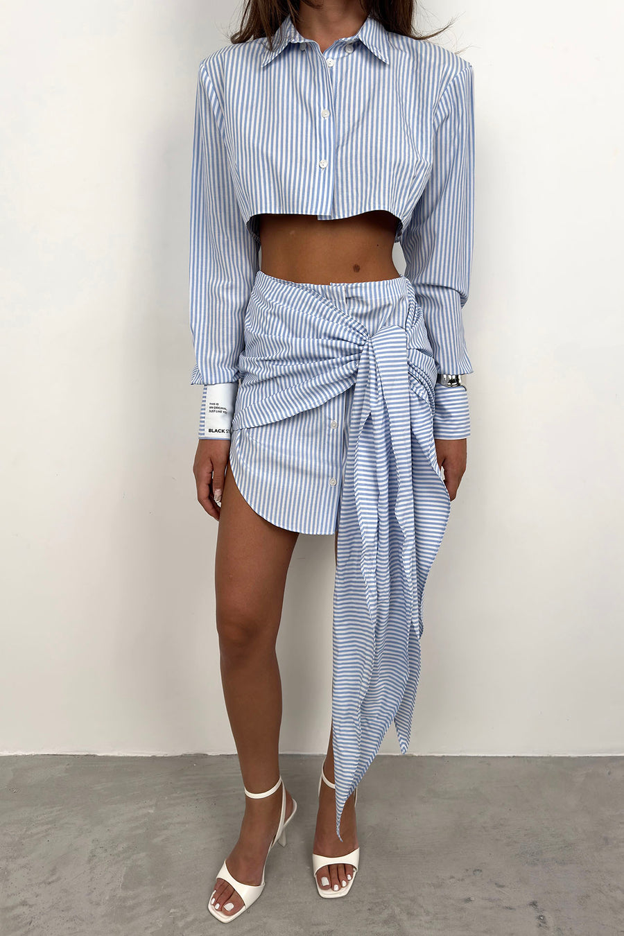 Sleeve Label Detail Striped Light Blue Crop Shirt 