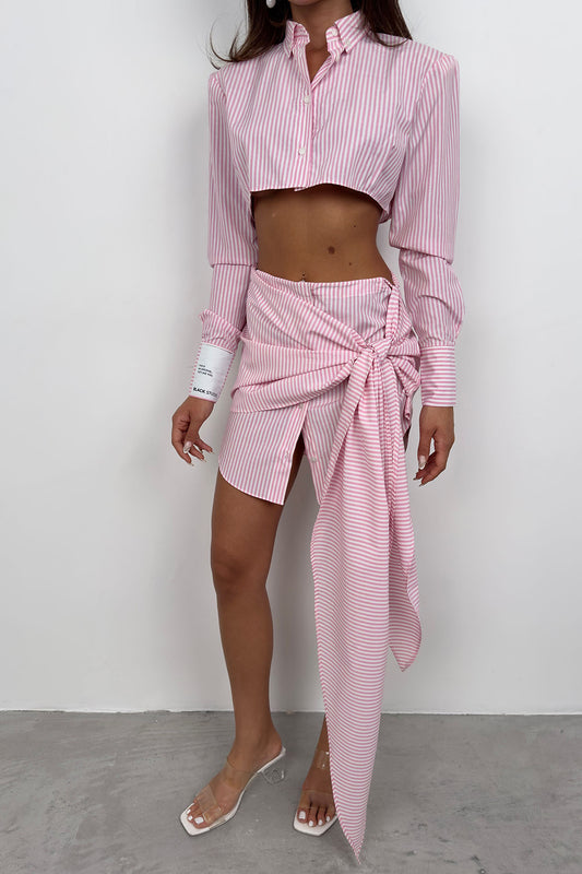 Sleeve Label Detail Striped Pink Crop Shirt