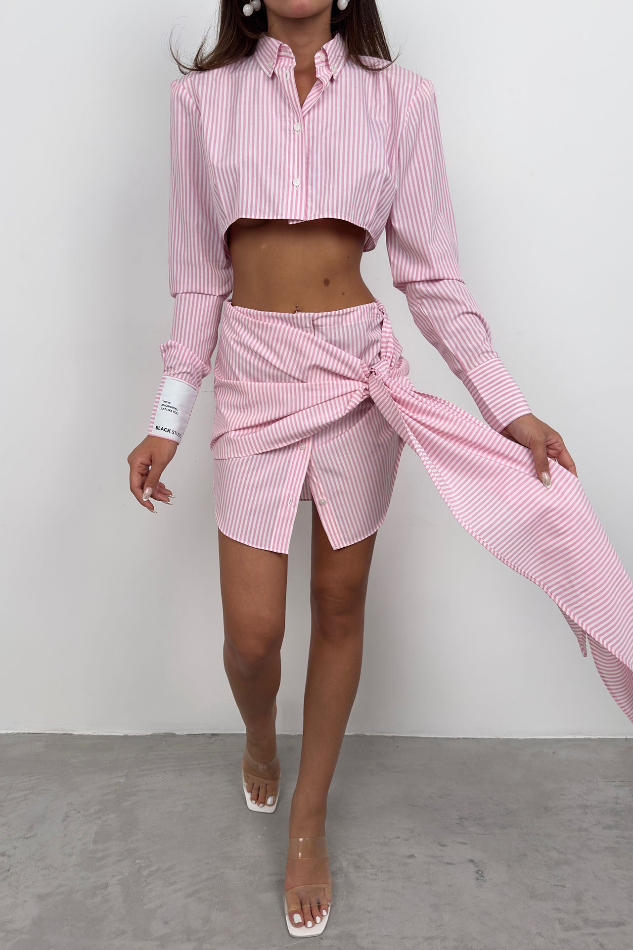 Sleeve Label Detail Striped Pink Crop Shirt