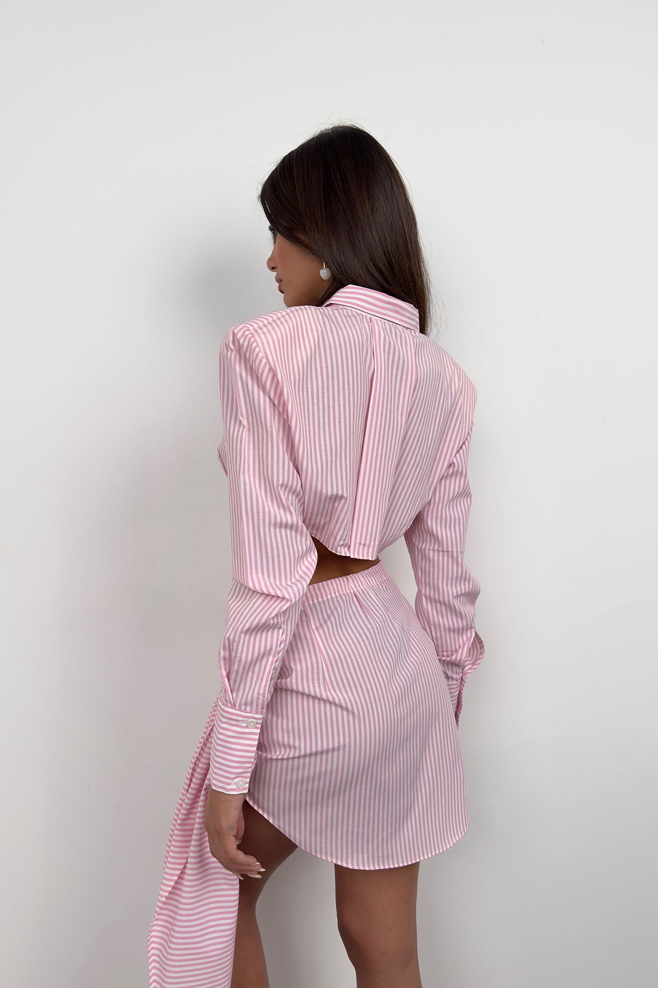 Sleeve Label Detail Striped Pink Crop Shirt