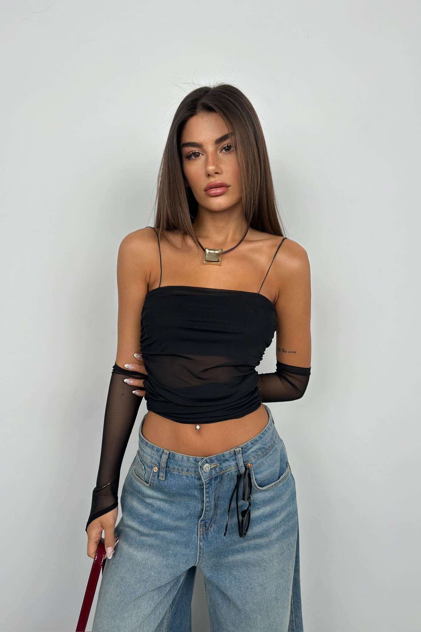 Sleeve Detail Strap Black Tulle Blouse 