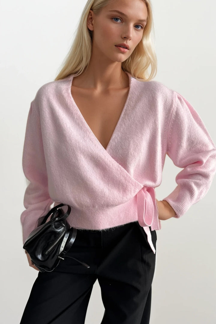 Kruvaze Bağlamalı Pembe Triko Hırka